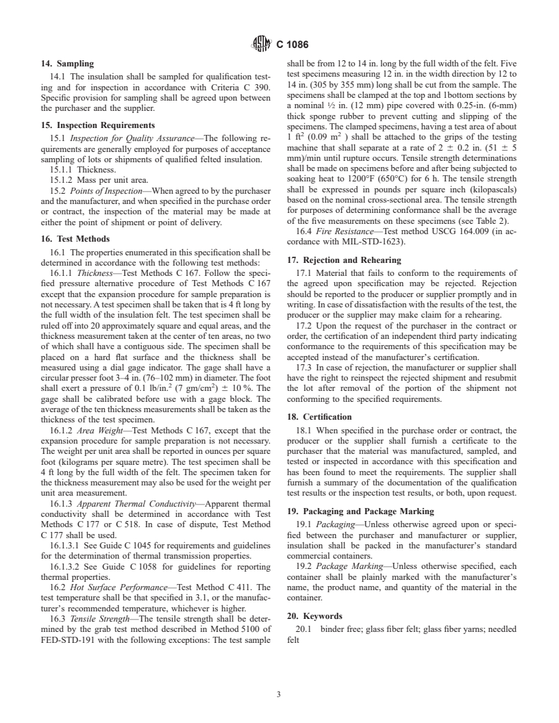 ASTM C1086-96 - Standard Specification for Glass Fiber Felt Thermal Insulation