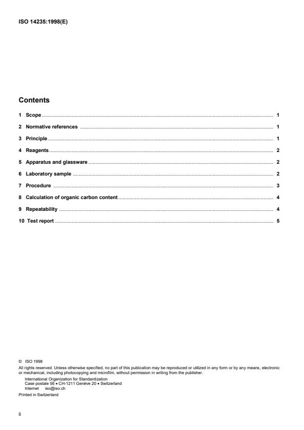 ISO 14235:1998 ISO 14235:1998 - Soil quality -- Determination of organic carbon by sulfochromic oxidation - Page 2 preview