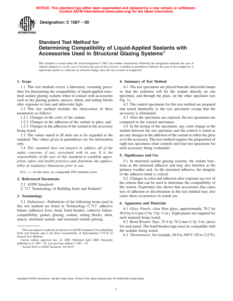 ASTM C1087-00 - Standard Test Method for Determining Compatibility of Liquid-Applied Sealants with Accessories Used in Structural Glazing Systems