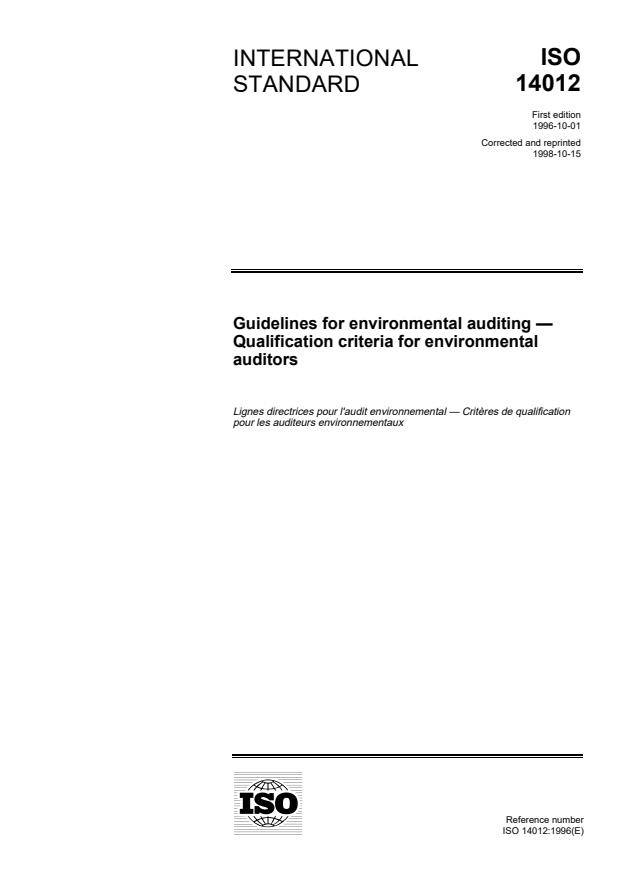 ISO 14012:1996 - Guidelines for environmental auditing -- Qualification criteria for environmental auditors
