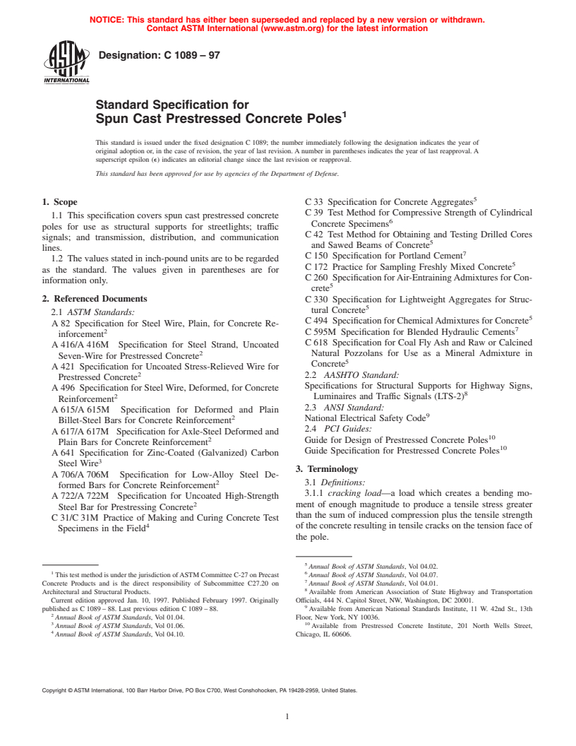 ASTM C1089-97 - Standard Specification for Spun Cast Prestressed Concrete Poles (Withdrawn 2006)