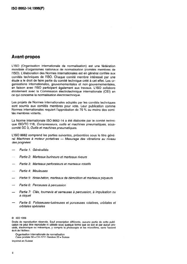 ISO 8662-14:1996 ISO 8662-14:1996 - Machines a moteur portatives -- Mesurage des vibrations au niveau des poignées - Page 2 preview