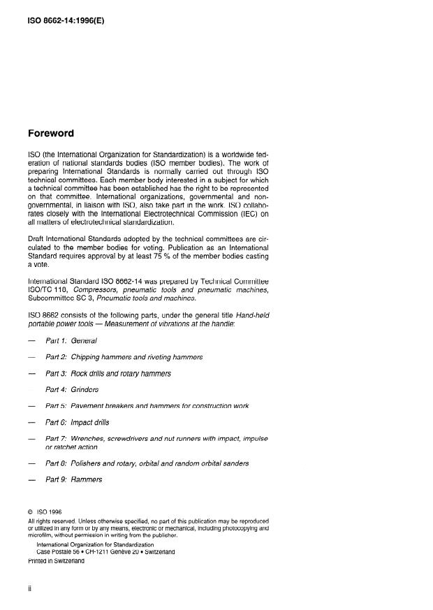 ISO 8662-14:1996 ISO 8662-14:1996 - Hand-held portable power tools -- Measurement of vibrations at the handle - Page 2 preview