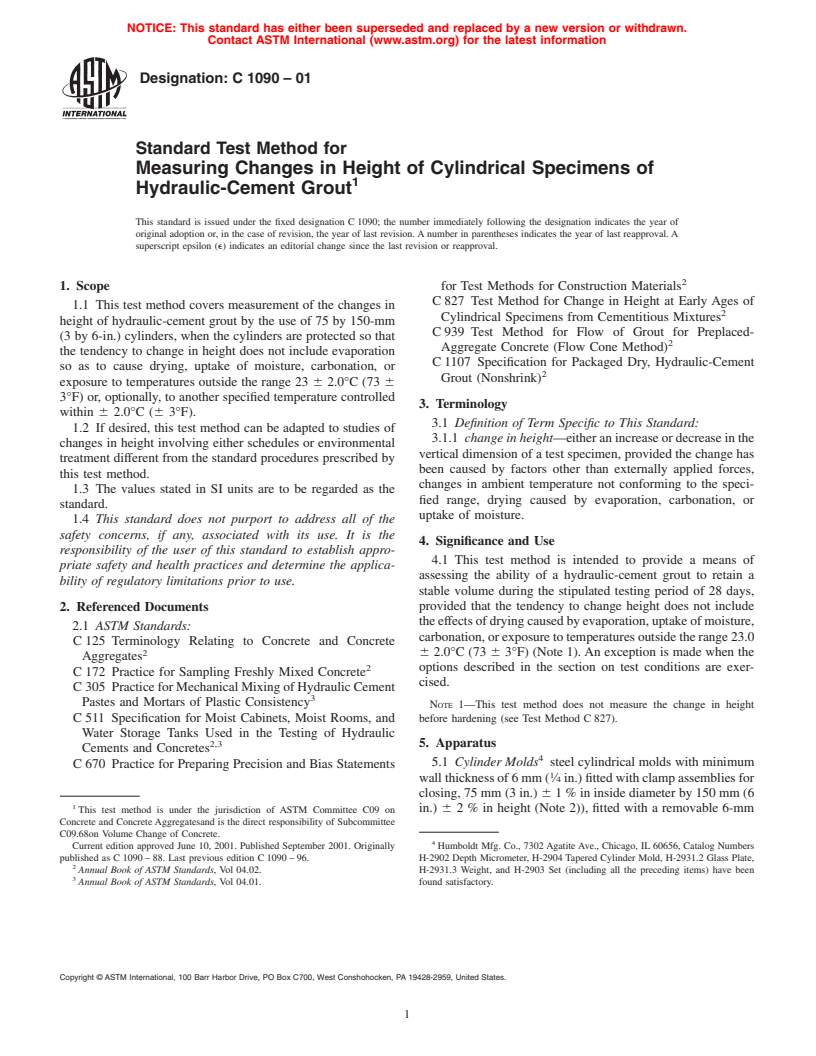 ASTM C1090-01 - Standard Test Method for Measuring Changes in Height of Cylindrical Specimens from Hydraulic-Cement Grout