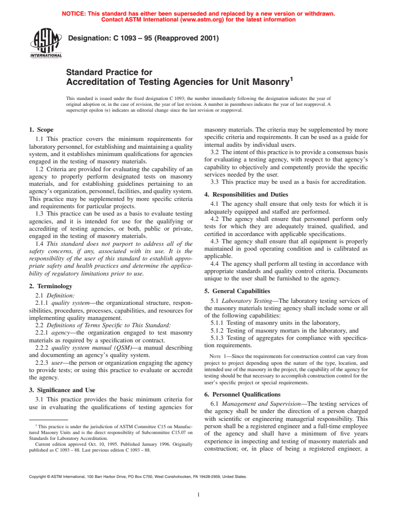 ASTM C1093-95(2001) - Standard Practice for Accreditation of Testing Agencies for Unit Masonry