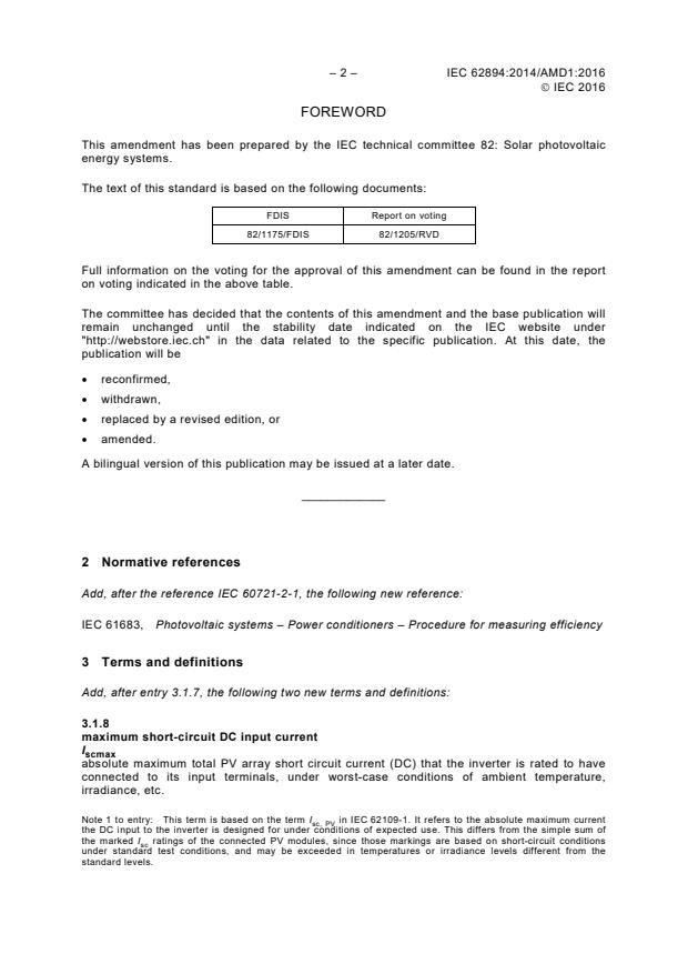 IEC 62894:2014/AMD1:2016 IEC 62894:2014/AMD1:2016 - Amendment 1 - Photovoltaic inverters - Data sheet and name plate - Page 4 preview