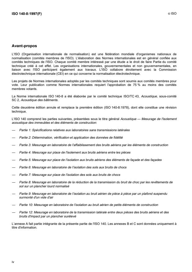 ISO 140-8:1997 ISO 140-8:1997 - Acoustique -- Mesurage de l'isolement acoustique des immeubles et des éléments de construction - Page 4 preview