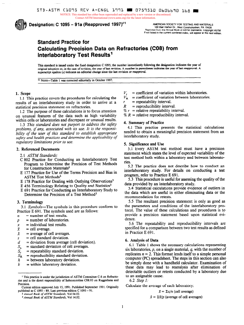 ASTM C1095-91a(1997)e1 - Practice for Calculating Precision Data on Refractories (C08) From Interlaboratory Test Results (Withdrawn 1998)