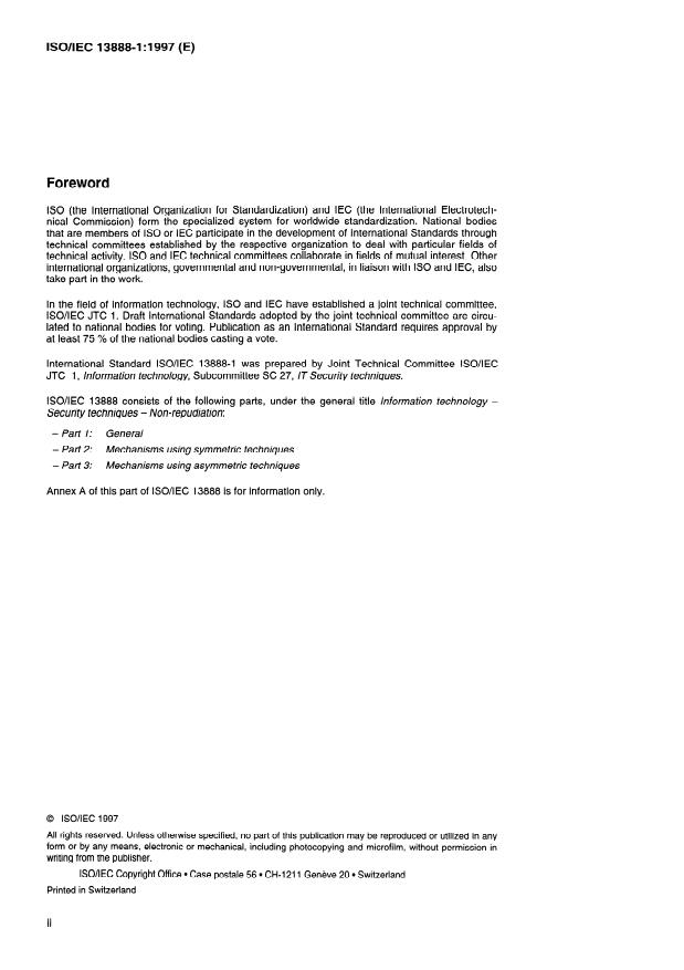 ISO/IEC 13888-1:1997 ISO/IEC 13888-1:1997 - Information technology -- Security techniques -- Non-repudiation - Page 2 preview
