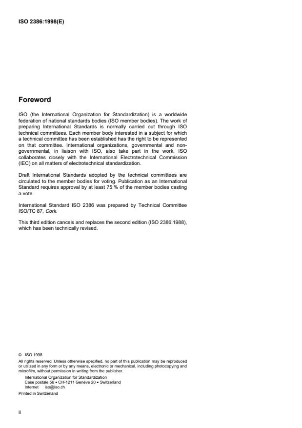 ISO 2386:1998 ISO 2386:1998 - Corkwood in planks, virgin cork, ramassage, gleanings, corkwood refuse and corkwaste -- Determination of moisture content - Page 2 preview