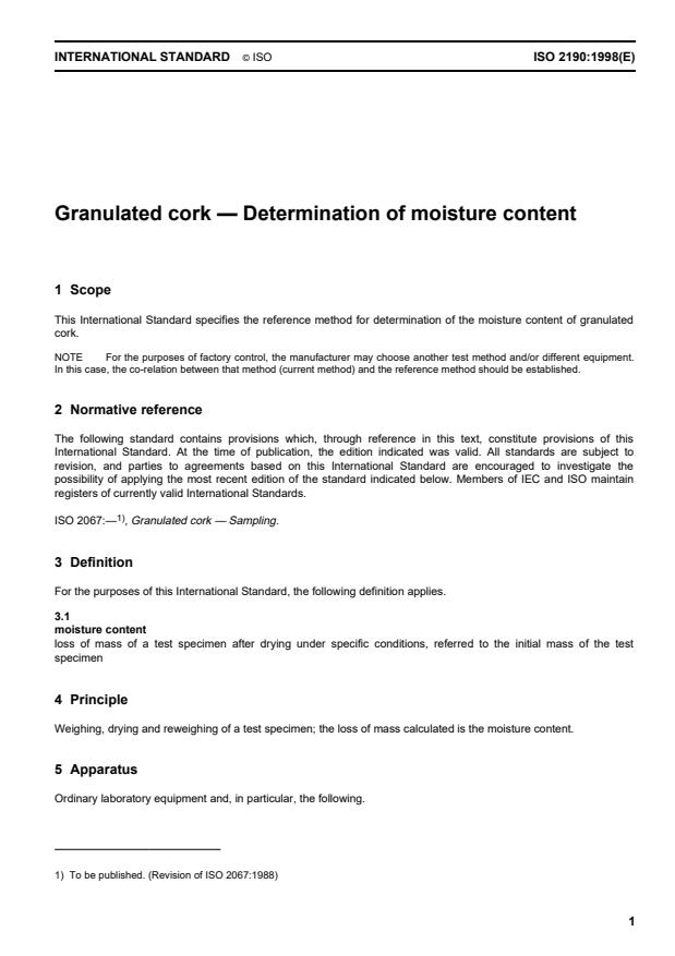 ISO 2190:1998 - Granulated cork -- Determination of moisture content