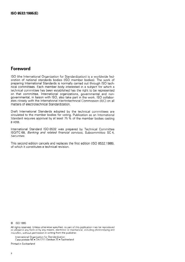 ISO 8532:1995 ISO 8532:1995 - Securities -- Format for transmission of certificate numbers - Page 2 preview