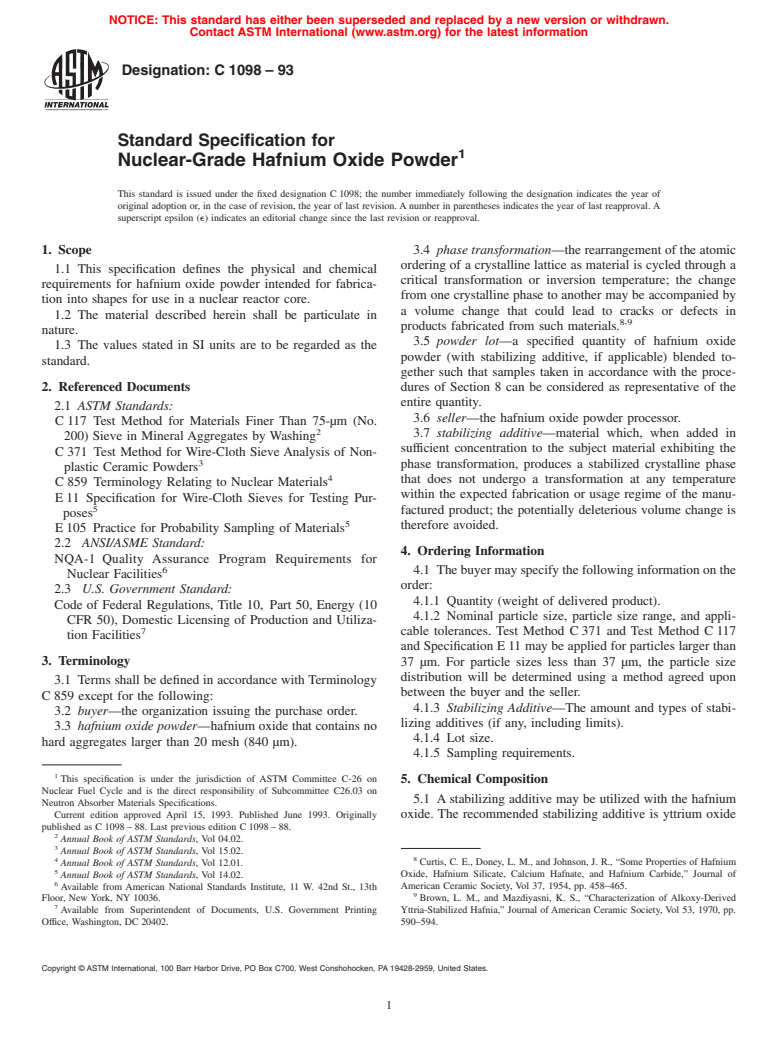 ASTM C1098-93 - Standard Specification for Nuclear-Grade Hafnium Oxide Powder (Withdrawn 2002)