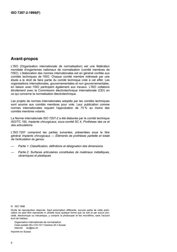 ISO 7207-2:1998 ISO 7207-2:1998 - Implants chirurgicaux -- Éléments de protheses partielle et totale de l'articulation du genou - Page 2 preview