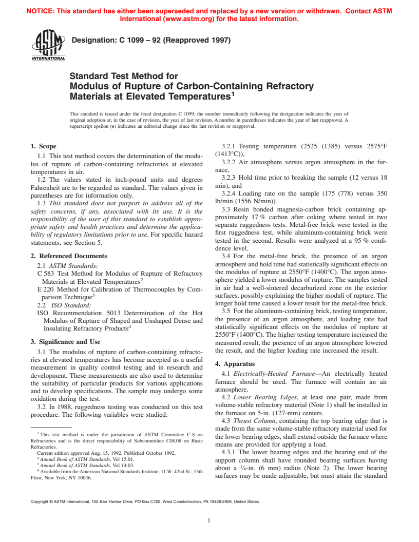 ASTM C1099-92(1997) - Standard Test Method for Modulus of Rupture of Carbon-Containing Refractory Materials at Elevated Temperatures