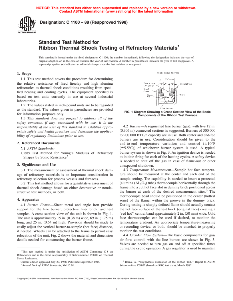 ASTM C1100-88(1998) - Standard Test Method for Ribbon Thermal Shock Testing of Refractory Materials (Withdrawn 2005)