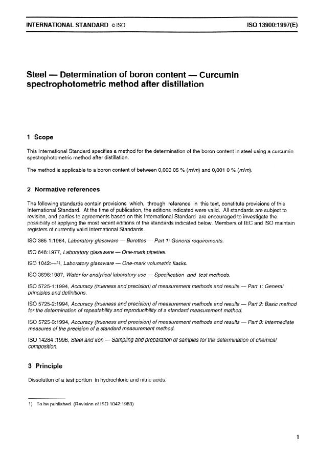 ISO 13900:1997 - Steel -- Determination of boron content -- Curcumin spectrophotometric method after distillation
