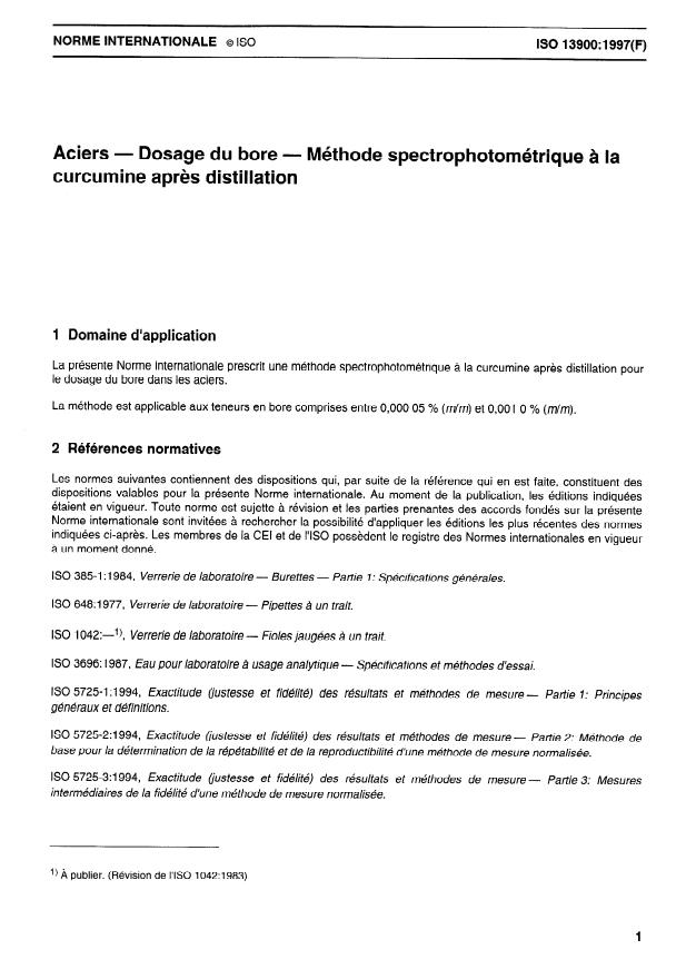 ISO 13900:1997 - Aciers -- Dosage du bore -- Méthode spectrophotométrique a la curcumine apres distillation