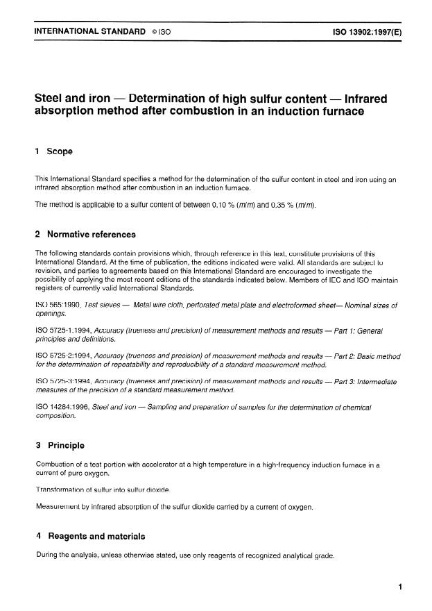 ISO 13902:1997 - Steel and iron -- Determination of high sulfur content -- Infrared absorption method after combustion in an induction furnace