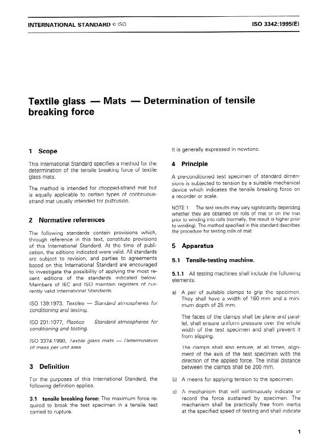 ISO 3342:1995 - Textile glass -- Mats -- Determination of tensile breaking force