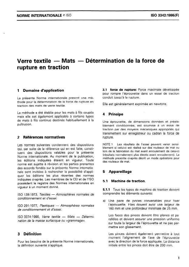 ISO 3342:1995 - Verre textile -- Mats -- Détermination de la force de rupture en traction
