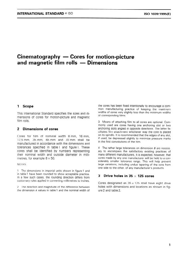 ISO 1039:1995 - Cinematography -- Cores for motion-picture and magnetic film rolls -- Dimensions