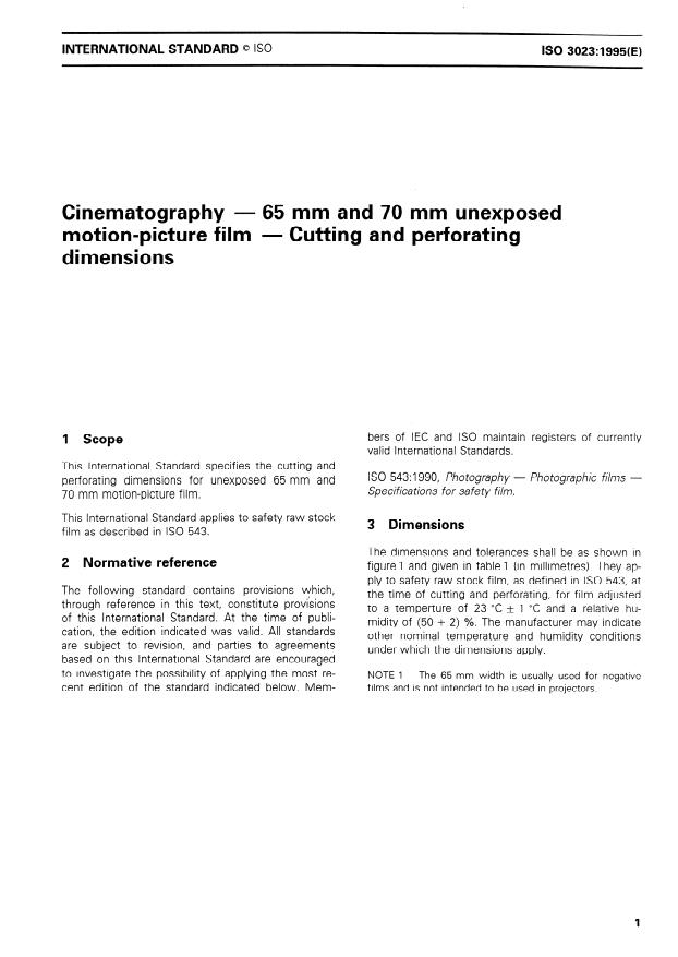 ISO 3023:1995 - Cinematography -- 65 mm and 70 mm unexposed motion-picture film -- Cutting and perforating dimensions