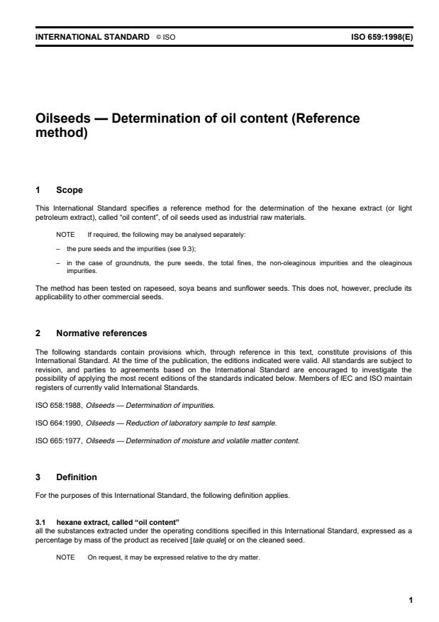 ISO 659:1998 - Oilseeds -- Determination of oil content (Reference method)