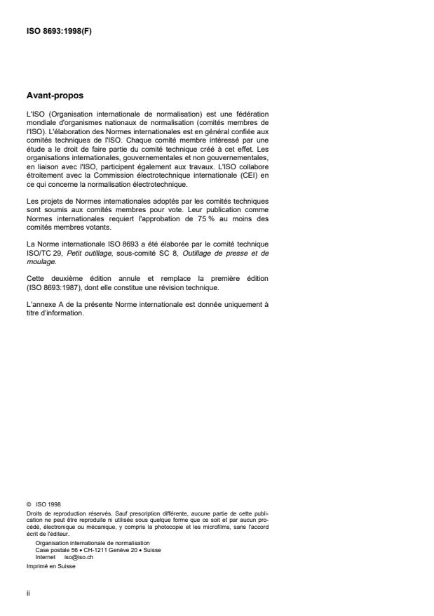 ISO 8693:1998 ISO 8693:1998 - Outillage de moulage -- Éjecteurs lames - Page 2 preview