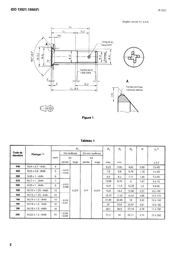 ISO 13921:1996 ISO 13921:1996 - Aéronautique et espace -- Vis a tete fraisée 100 degrés réduite, a empreinte cruciforme déportée, avec ou sans saillies antidérapantes, a tige normale et filetage MJ court ou de longueur moyenne, en matériau métallique, revetues ou non revetues, des classes de résistance inférieures ou égales a 1 100 MPa -- Dimensions - Page 4 preview