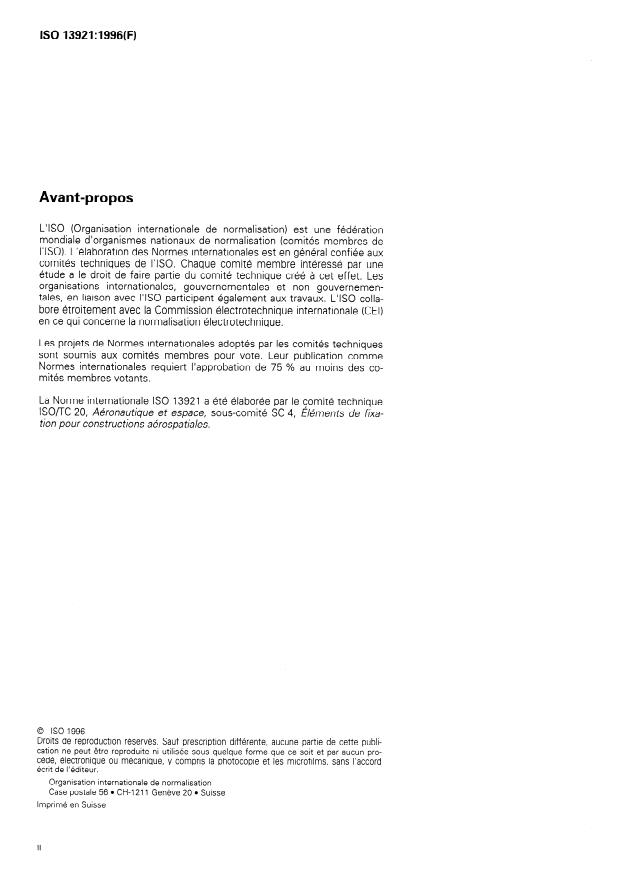 ISO 13921:1996 ISO 13921:1996 - Aéronautique et espace -- Vis a tete fraisée 100 degrés réduite, a empreinte cruciforme déportée, avec ou sans saillies antidérapantes, a tige normale et filetage MJ court ou de longueur moyenne, en matériau métallique, revetues ou non revetues, des classes de résistance inférieures ou égales a 1 100 MPa -- Dimensions - Page 2 preview