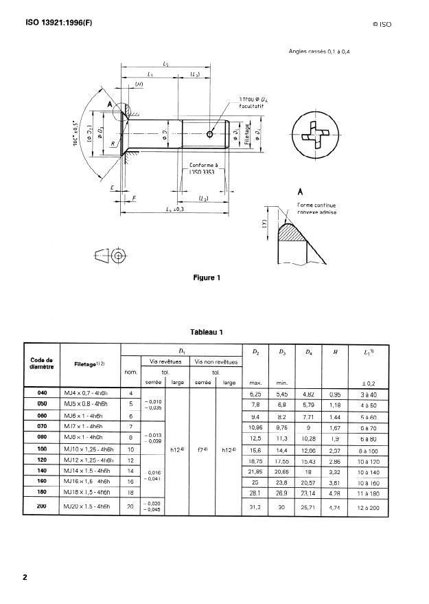 ISO 13921:1996 ISO 13921:1996 - Aéronautique et espace -- Vis a tete fraisée 100 degrés réduite, a empreinte cruciforme déportée, avec ou sans saillies antidérapantes, a tige normale et filetage MJ court ou de longueur moyenne, en matériau métallique, revetues ou non revetues, des classes de résistance inférieures ou égales a 1 100 MPa -- Dimensions - Page 4 preview