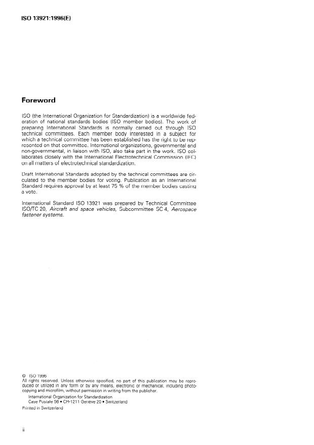 ISO 13921:1996 ISO 13921:1996 - Aerospace -- Screws, 100 degrees reduced countersunk head, internal offset cruciform ribbed or unribbed drive, normal shank, short or medium length MJ threads, metallic material, coated or uncoated, strength classes less than or equal to 1 100 MPa -- Dimensions - Page 2 preview