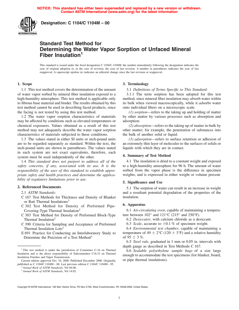 ASTM C1104/C1104M-00 - Standard Test Method for Determining the Water Vapor Sorption of Unfaced Mineral Fiber Insulation