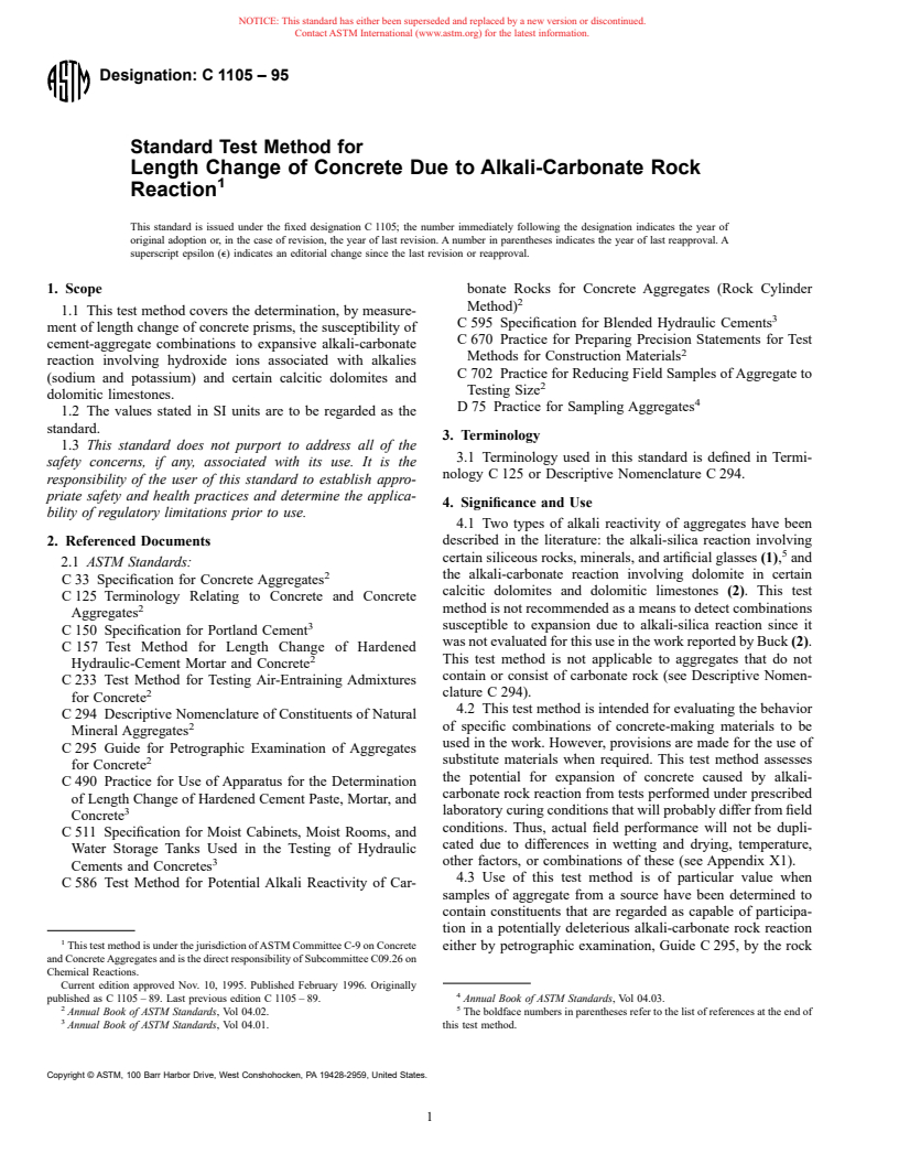 ASTM C1105-95 - Standard Test Method for Length Change of Concrete Due to Alkali-Carbonate Rock Reaction