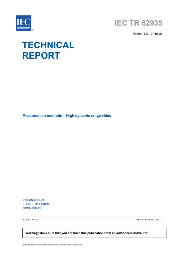 IEC TR 62935:2016 - Measurement methods - High dynamic range video