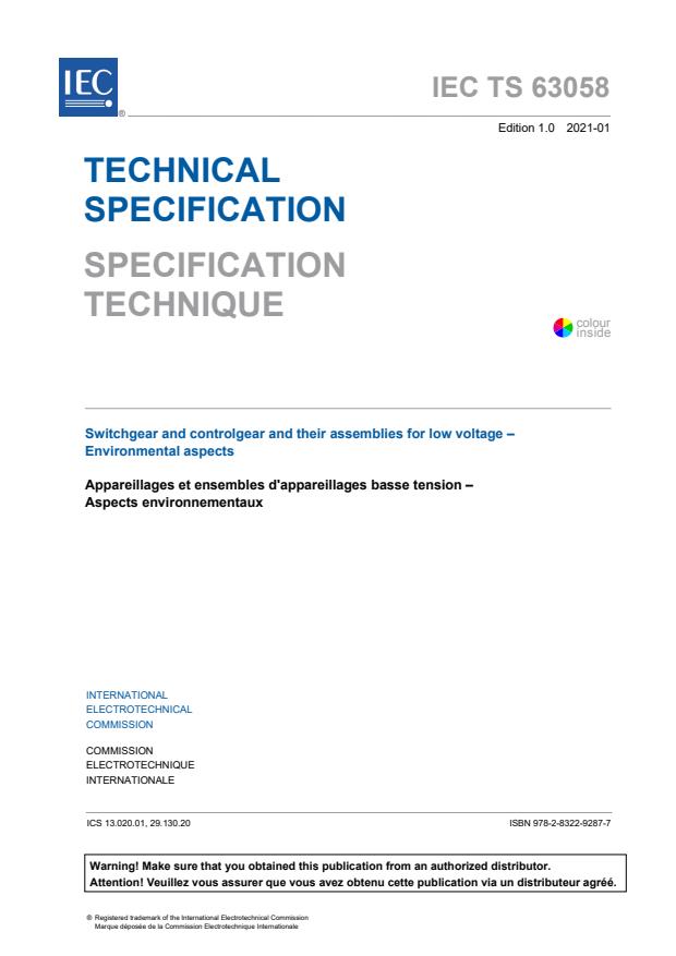 IEC TS 63058:2021 - Switchgear and controlgear and their assemblies for low voltage - Environmental aspects