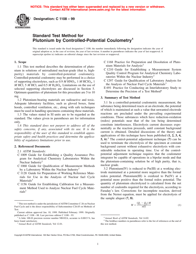 ASTM C1108-99 - Standard Test Method for Plutonium by Controlled-Potential Coulometry