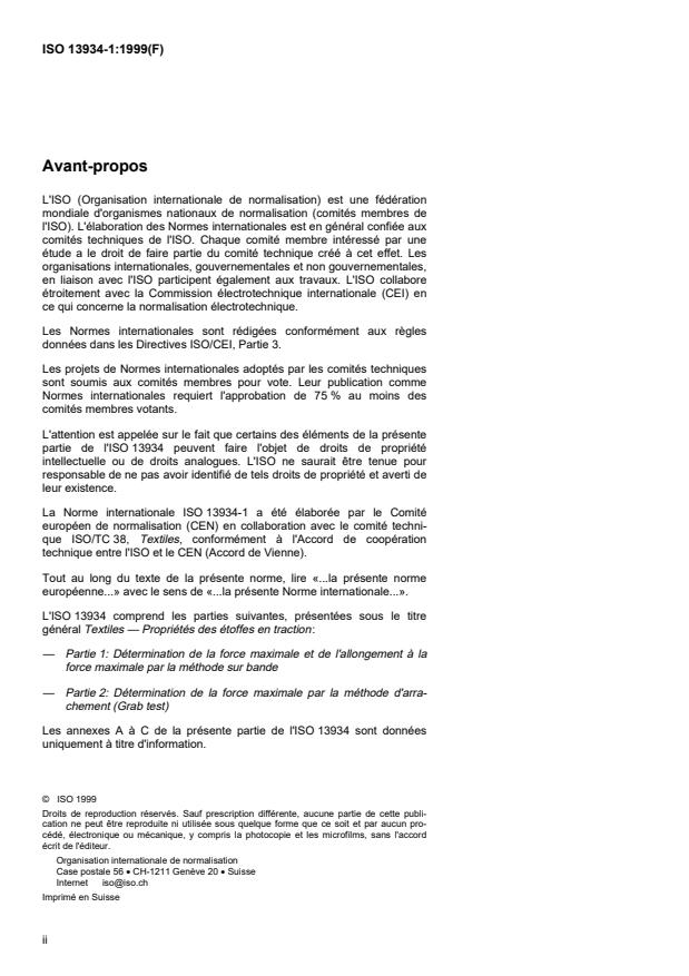 ISO 13934-1:1999 ISO 13934-1:1999 - Textiles -- Propriétés des étoffes en traction - Page 2 preview