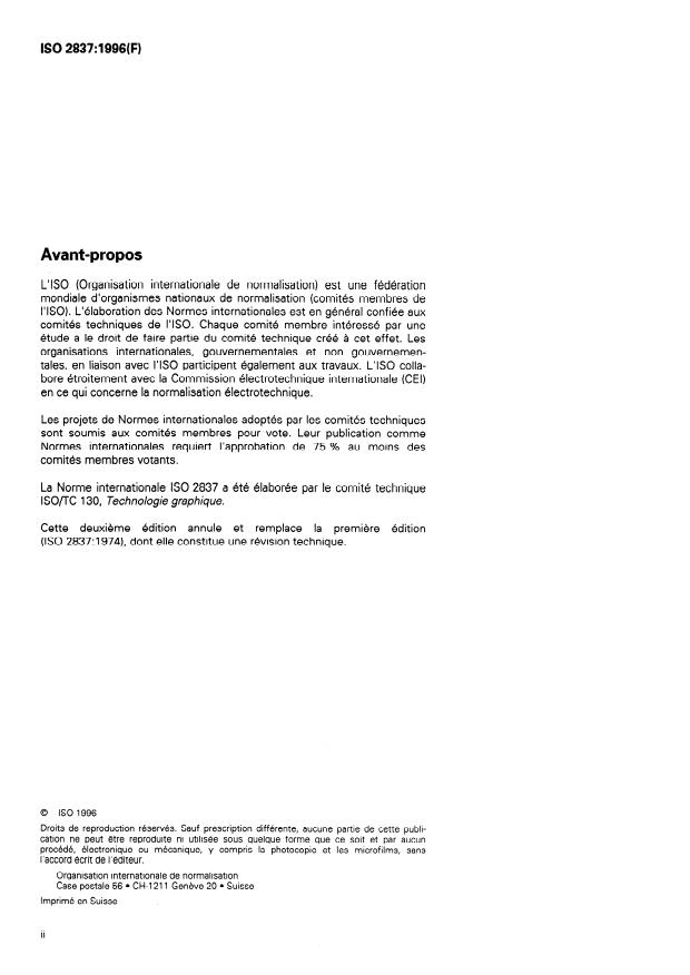 ISO 2837:1996 ISO 2837:1996 - Technologie graphique -- Impressions et encres d'imprimerie -- Évaluation de la résistance aux solvants - Page 2 preview