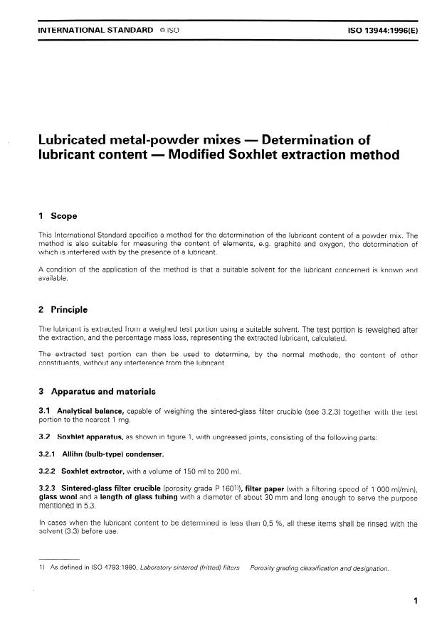 ISO 13944:1996 - Lubricated metal-powder mixes -- Determination of lubricant content -- Modified Soxhlet extraction method