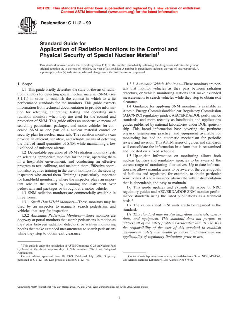 ASTM C1112-99 - Standard Guide for Application of Radiation Monitors to the Control and Physical Security of Special Nuclear Material