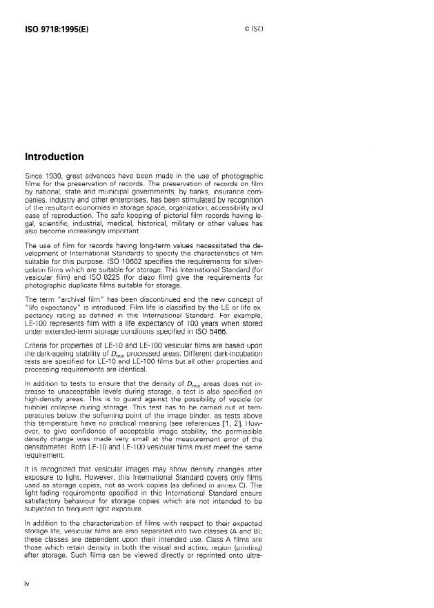 ISO 9718:1995 ISO 9718:1995 - Photography -- Processed vesicular photographic film -- Specifications for stability - Page 4 preview