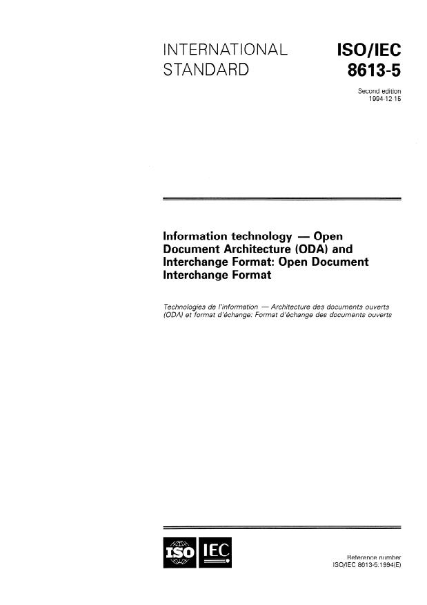 ISO/IEC 8613-5:1994 - Information technology -- Open Document Architecture (ODA) and Interchange Format: Open Document Interchange Format