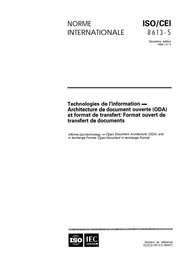 ISO/IEC 8613-5:1994 - Technologies de l'information -- Architecture de document ouverte (ODA) et format de transfert: Format ouvert de transfert de documents