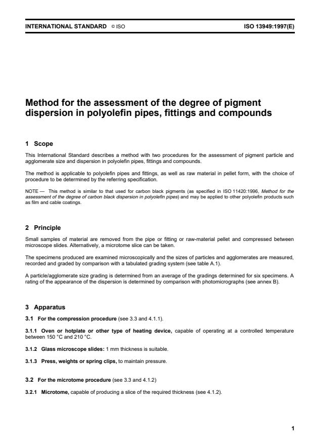 ISO 13949:1997 - Method for the assessment of the degree of pigment dispersion in polyolefin pipes, fittings and compounds