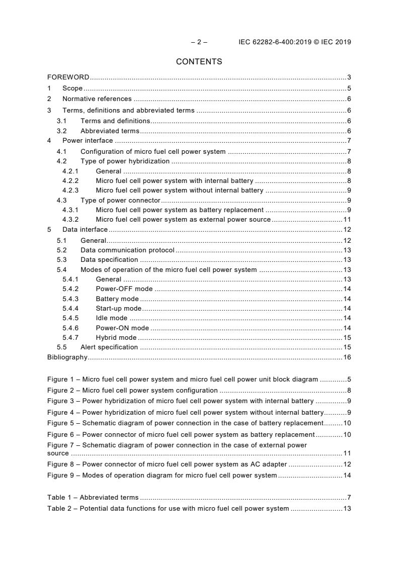 IEC 62282-6-400:2019 IEC 62282-6-400:2019 - Fuel cell technologies - Part 6-400: Micro fuel cell power systems - Power and data interchangeability - Page 4 preview