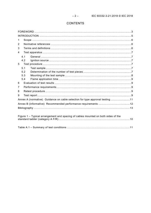 IEC 60332-3-21:2018 IEC 60332-3-21:2018 - Tests on electric and optical fibre cables under fire conditions - Part 3-21: Test for vertical flame spread of vertically-mounted bunched wires or cables - Category A F/R - Page 4 preview