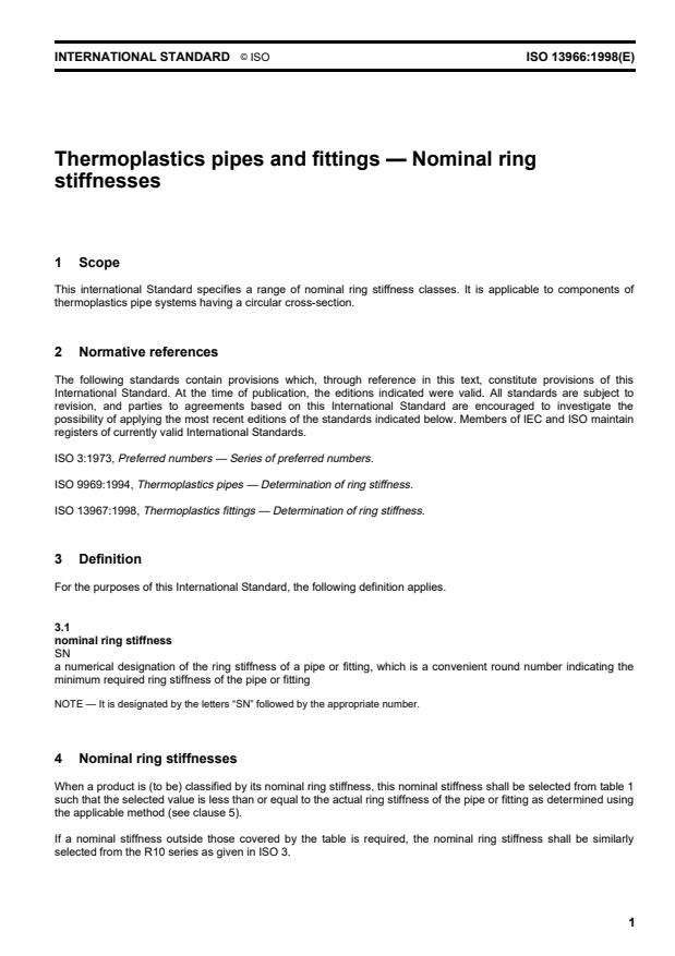 ISO 13966:1998 - Thermoplastics pipes and fittings -- Nominal ring stiffnesses