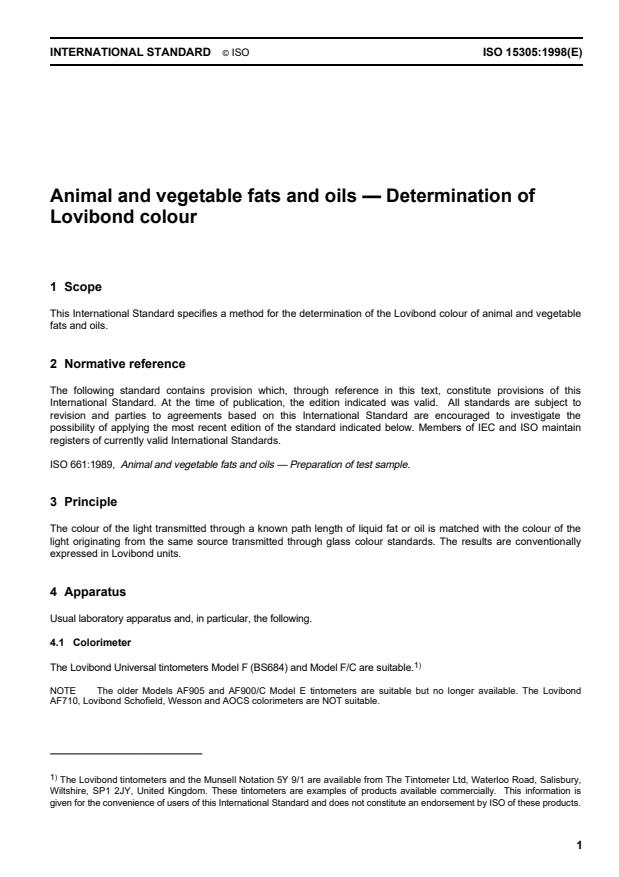 ISO 15305:1998 - Animal and vegetable fats and oils -- Determination of Lovibond colour